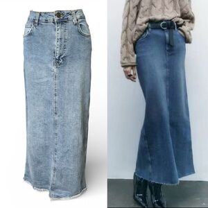 Zara Stretch Denim Maxi Skirt High Waist Frayed Hem 5-Pocket- S